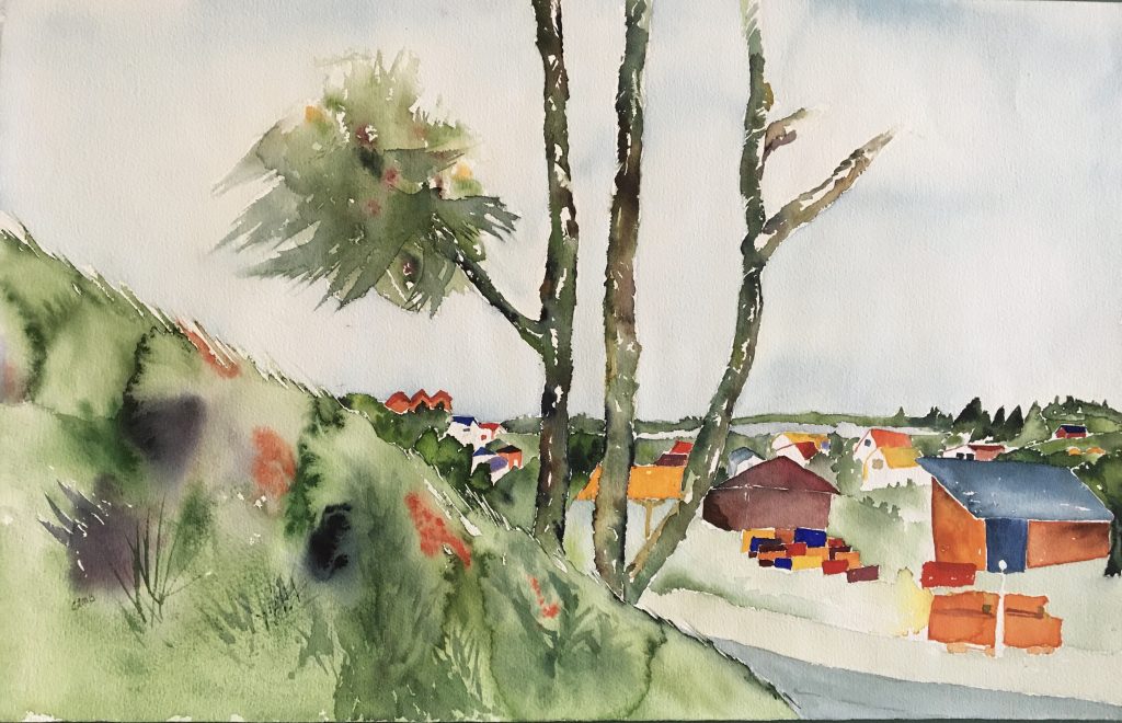 watercolor painting of shoreline