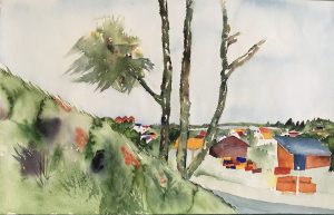 watercolor painting of shoreline